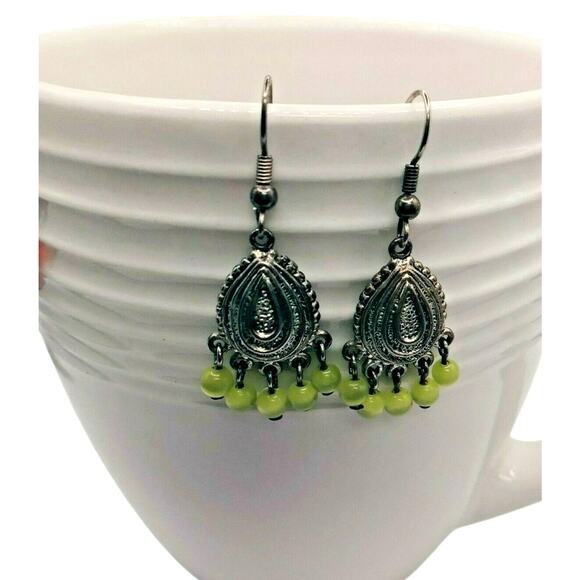 🟠🟢 Ombre Beaded Chandelier Earrings 💚🧡 Retro Spring Dangle 2Pr - Picture 3 of 9